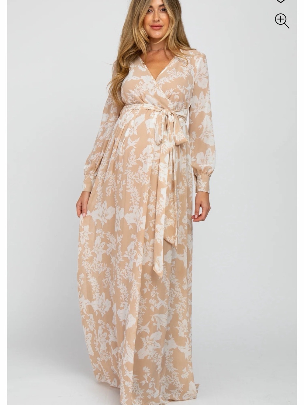 Beige Floral Wrap Maxi Dress with Self-Tie Waist